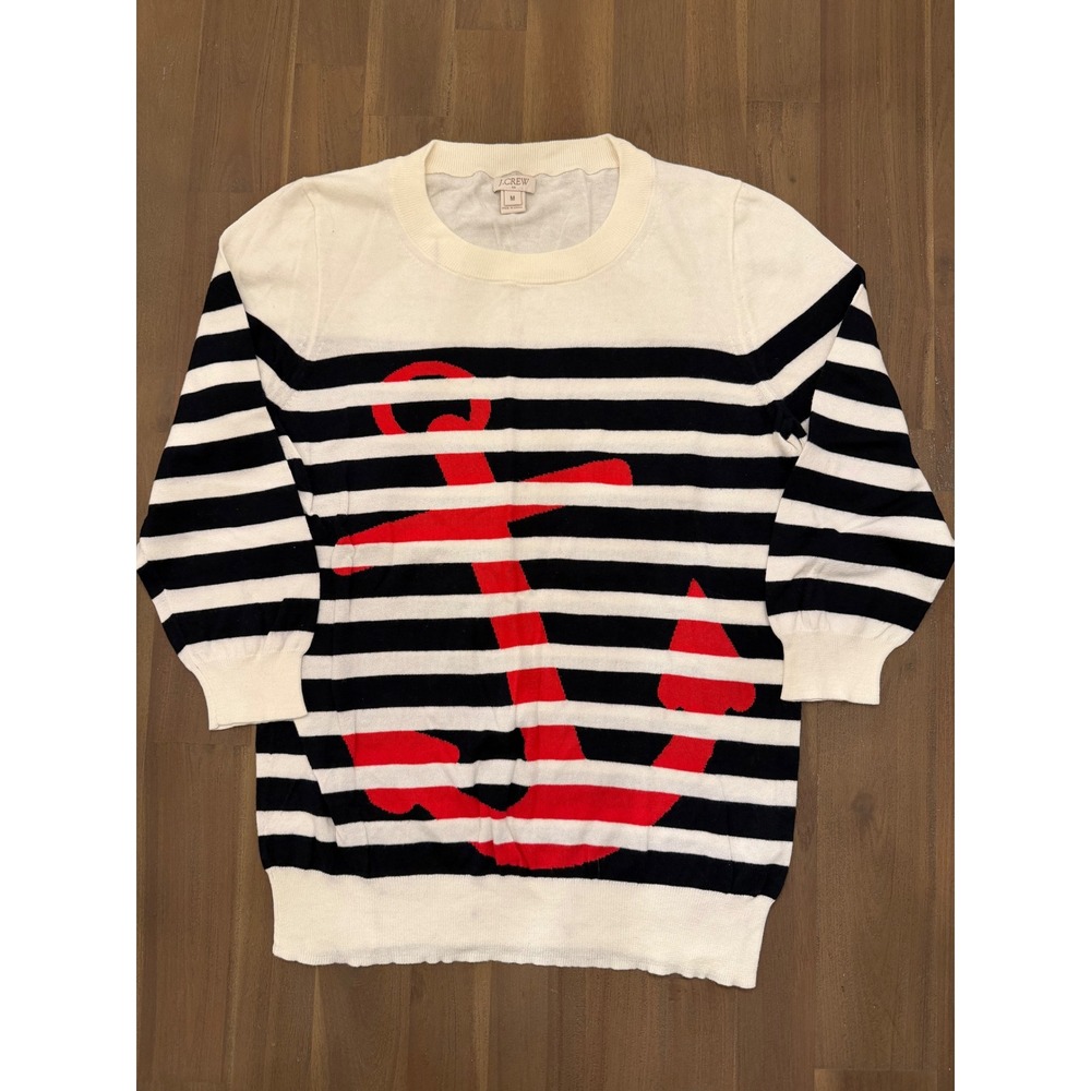 J Crew Women's Striped Anchor Sweater Navy Cream Red Size M